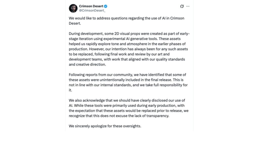 Le message publi&eacute; sur X par le studio. // Source : @CrimsonDesert_ sur X