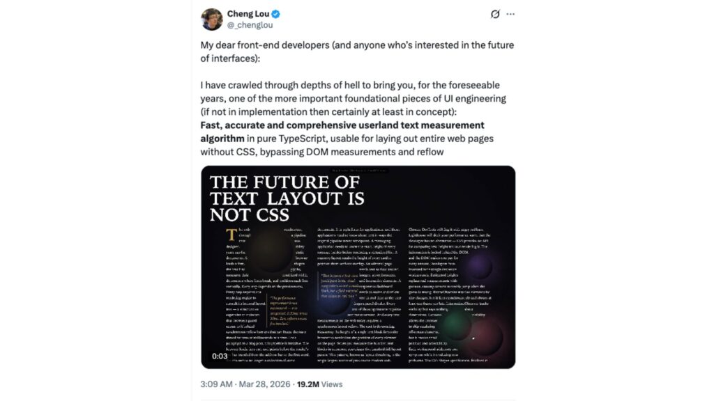 Cheng Lou a développé cet algorithme de mesure de texte. // Source : @_chenglou sur X Cheng Lou a développé cet algorithme de mesure de texte. // Source : @_chenglou sur X