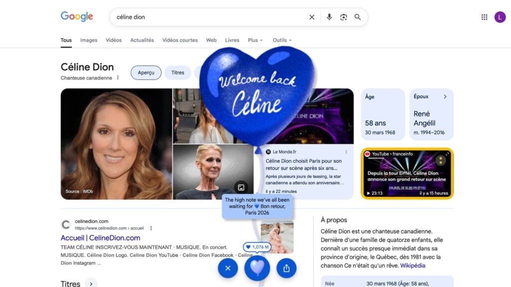 Il suffit de taper « Céline Dion » dans la barre de recherche // Source : Capture d'écran Numerama Il suffit de taper « Céline Dion » dans la barre de recherche // Source : Capture d'écran Numerama