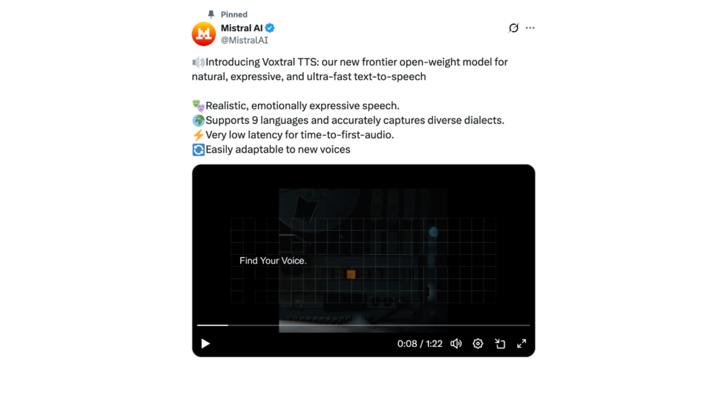 Mistral a annonc&eacute; Voxtral TTS le 26 mars 2026. // Source : Capture d'&eacute;cran Numerama