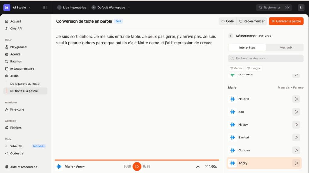 L'outil peut &ecirc;tre test&eacute; via le Mistral AI Studio. // Source : Capture d'&eacute;cran Numerama