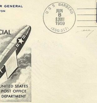 Carte postale du lancement de l'USS Barbero. Source : USPS/Wikimedia Commons