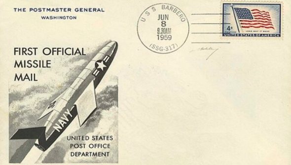 Carte postale du lancement de l'USS Barbero. Source : USPS/Wikimedia Commons