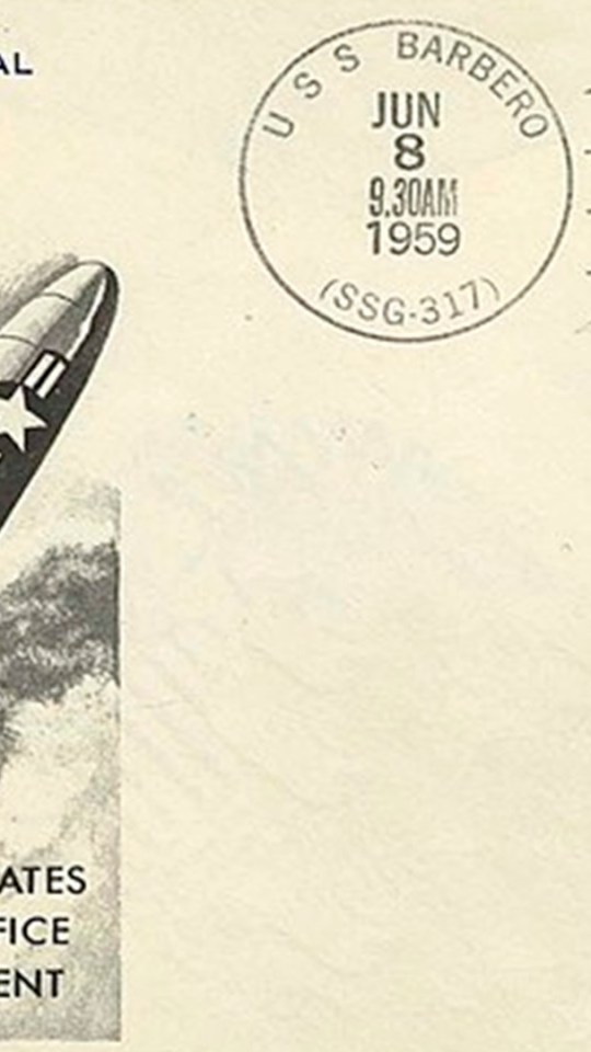 Carte postale du lancement de l'USS Barbero. Source : USPS/Wikimedia Commons Carte postale du lancement de l'USS Barbero. Source : USPS/Wikimedia Commons