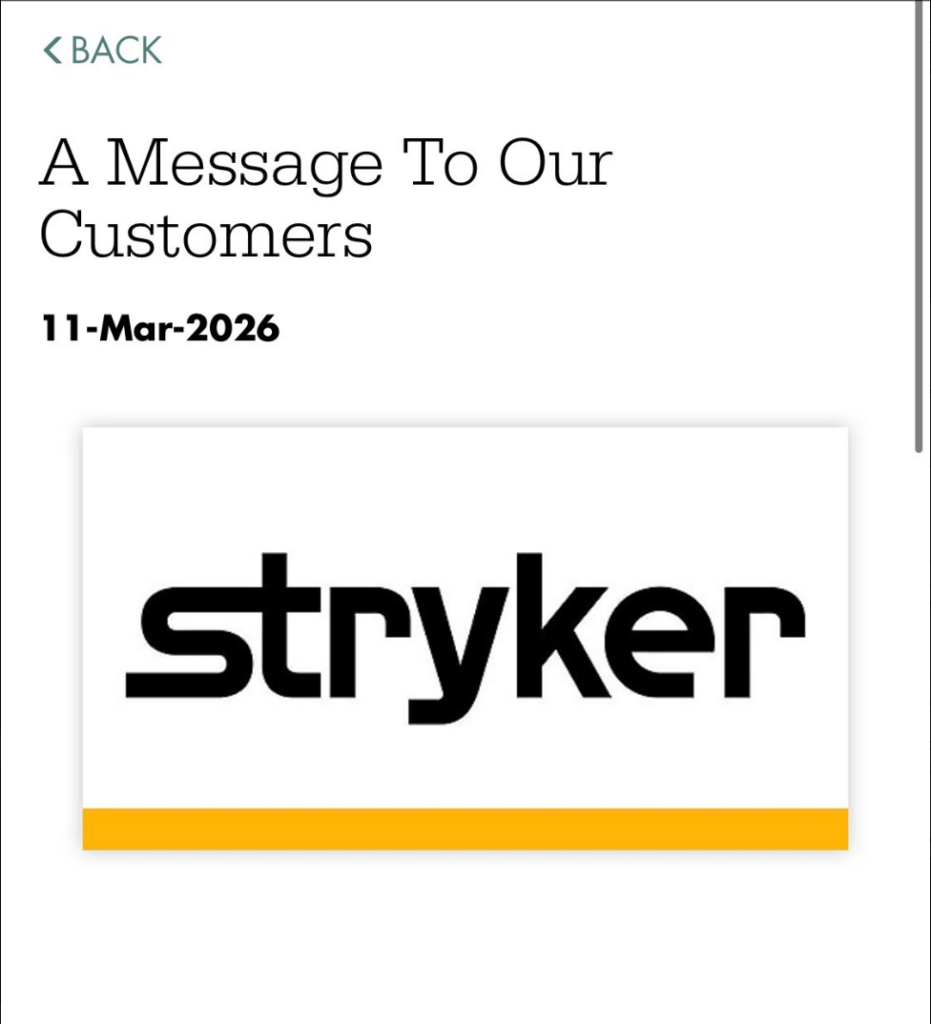 Les actions de Stryker SYK.N ont chut&eacute; d'environ 3 % mercredi apr&egrave;s que le Wall Street Journal a rapport&eacute; que le fabricant d'&eacute;quipements m&eacute;dicaux a &eacute;t&eacute; touch&eacute; par une cyberattaque suspect&eacute;e d'&ecirc;tre li&eacute;e &agrave; l'Iran. // Source : Capture d'&eacute;cran du message de Stryker destin&eacute; &agrave; ses clients et partenaires