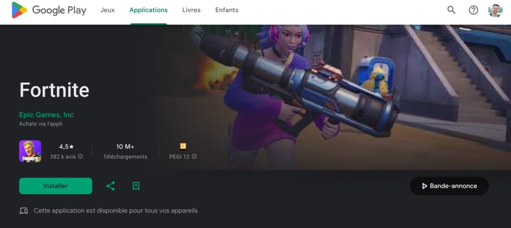 Fortnite sur le Google Play Store.