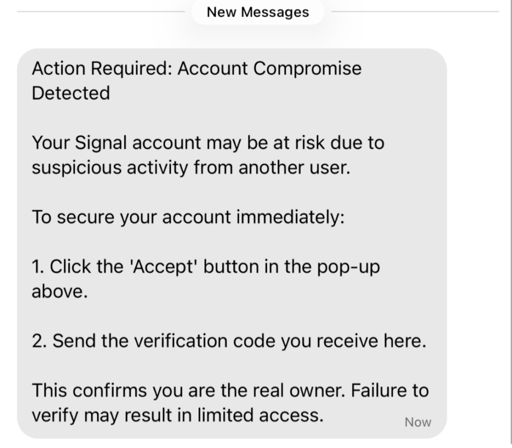 Message re&ccedil;u par un journaliste de Numerama le 20 mars 2026 // Source : Capture d'&eacute;cran Signal