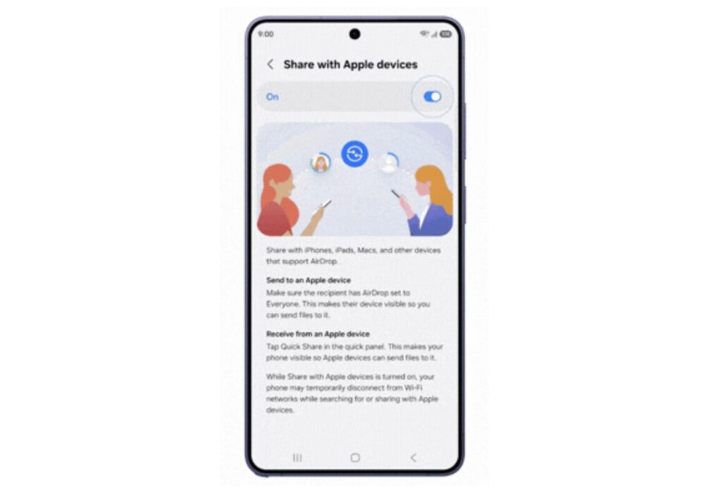 L'option AirDrop sur Galaxy S26.
