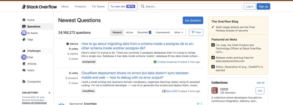 Le nombre de questions pos&eacute;es sur Stack Overflow a drastiquement baiss&eacute; en 2025 // Source : Capture d'&eacute;cran Numerama
