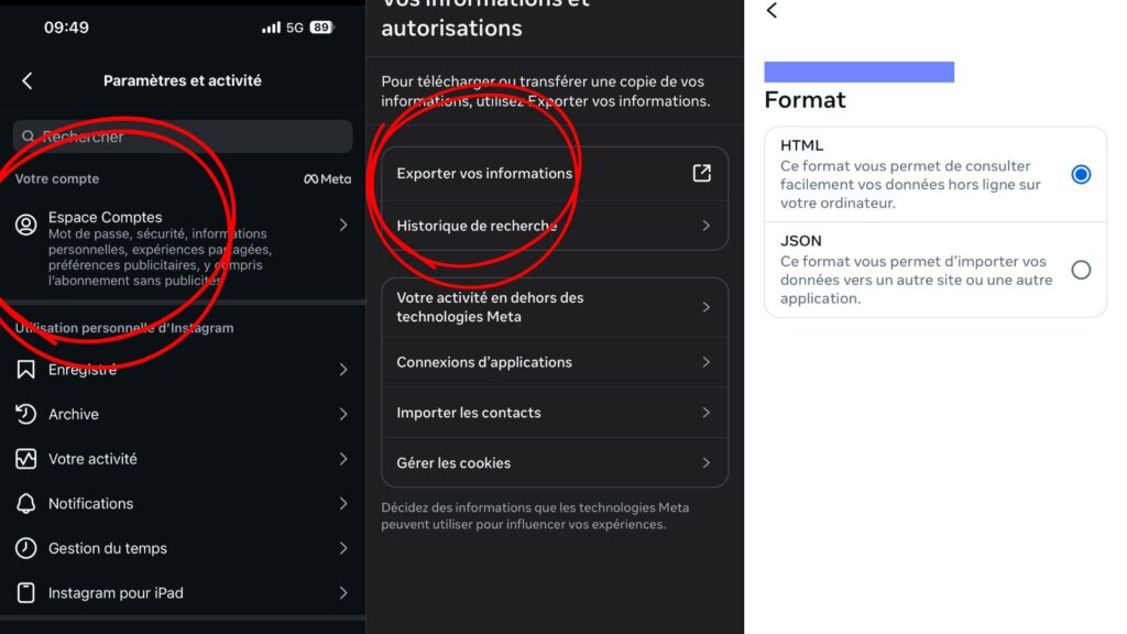 Cet export vous permet de conserver une archive de vos &eacute;changes et m&eacute;dias en dehors d'Instagram // Source : Captures d'&eacute;cran Numerama