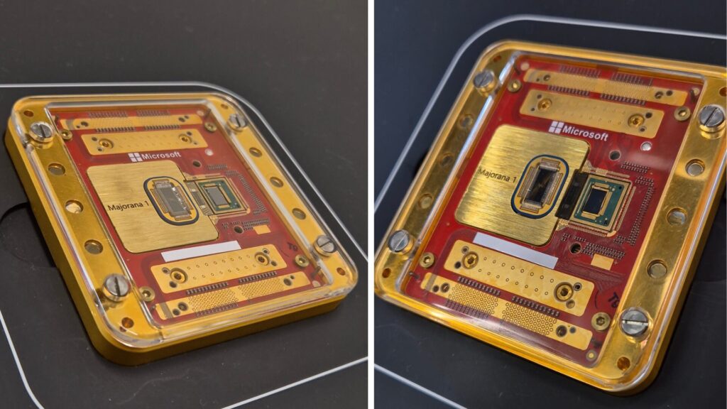 Le processeur Majorana 1 de Microsoft, con&ccedil;u pour accueillir jusqu'&agrave; un million de qubits sur une seule puce, dans les laboratoires quantiques de Seattle. // Source : Photo Numerama