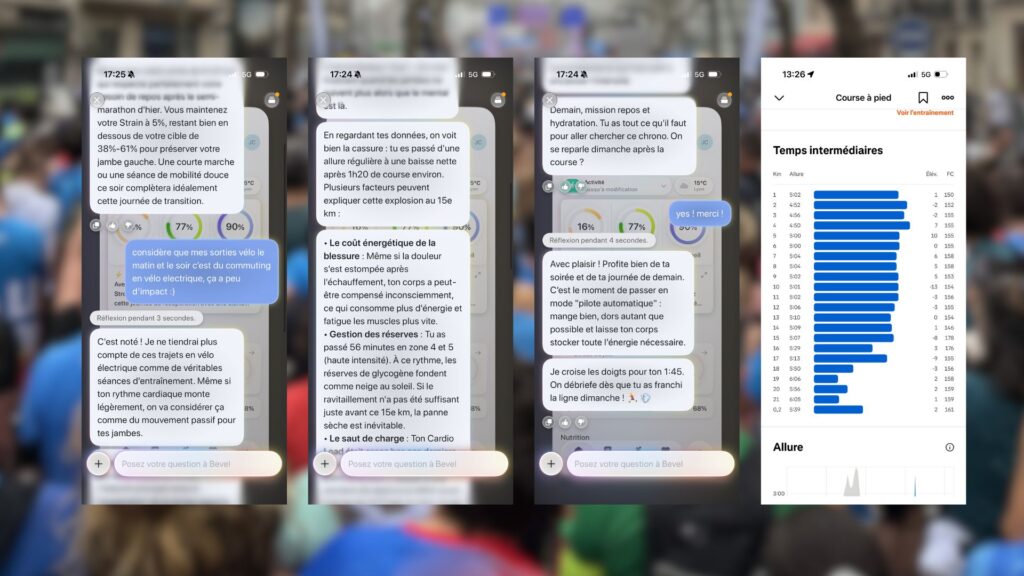 Regardez comme Bevel prend en compte les moindres d&eacute;tails ! Et le screenshot de droite a suffi &agrave; Gemini pour analyser ma course et ses lacunes. // Source : Captures d'&eacute;cran Numerama