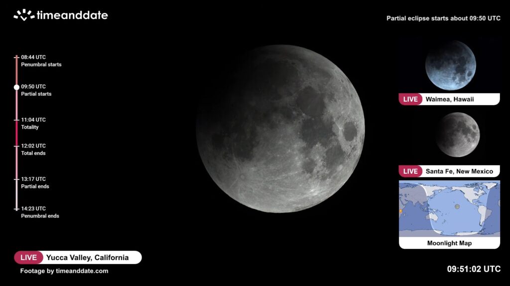 &Ccedil;a y est, la Lune entre dans l'ombre de la Terre. // Source : Capture YouTube Time and Date