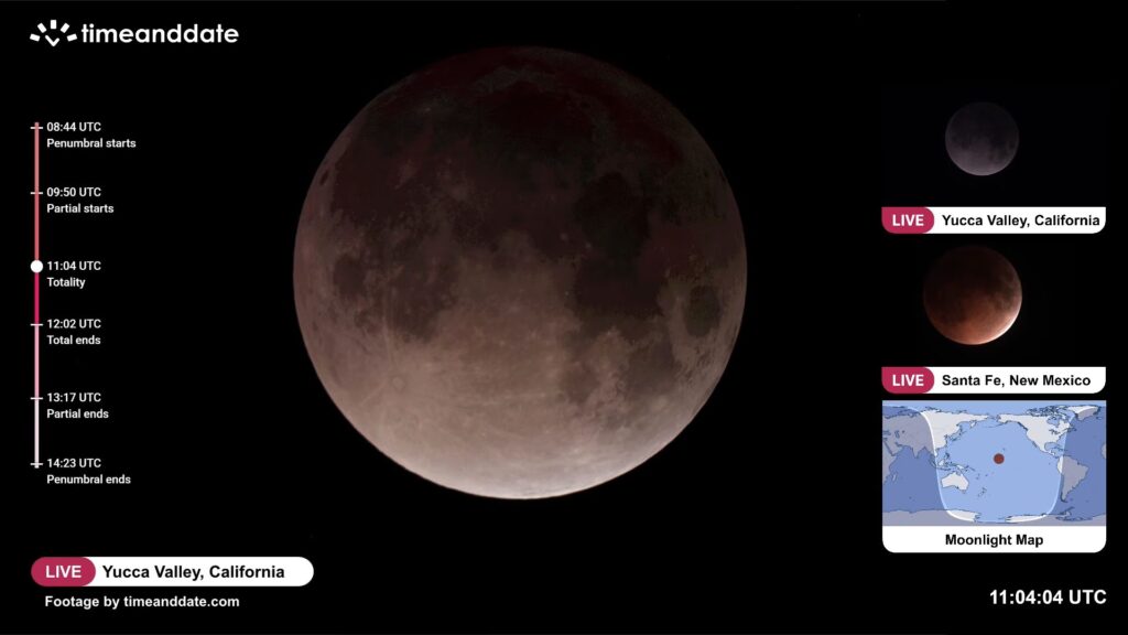 La Lune prend une teinte rouge&acirc;tre. // Source : Capture YouTube Time and Date
