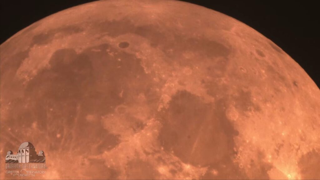 Les crat&egrave;res en gros plan pendant le maximum de l'&eacute;clipse lunaire. // Source : Capture d'&eacute;cran YouTube Griffith Observatory