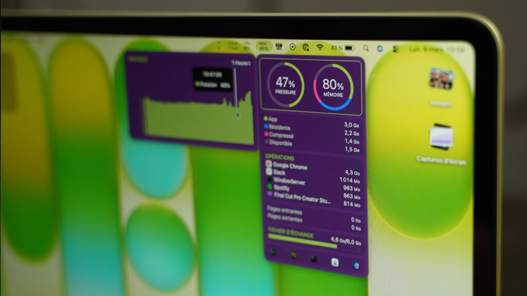 L'utilisation de la RAM semble ne jamais dépasser les 80 % de saturation. Apple a très bien optimisé macOS. (Logiciel iStats Mini si vous cherchez la référence). // Source : Alfred Tertrais - Numerama