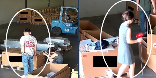 Images de cam&eacute;ras de surveillance montrant des complices en train de d&eacute;coller des &eacute;tiquettes de num&eacute;ros de s&eacute;rie &agrave; l'aide de s&egrave;che-cheveux. // Source : DoJ