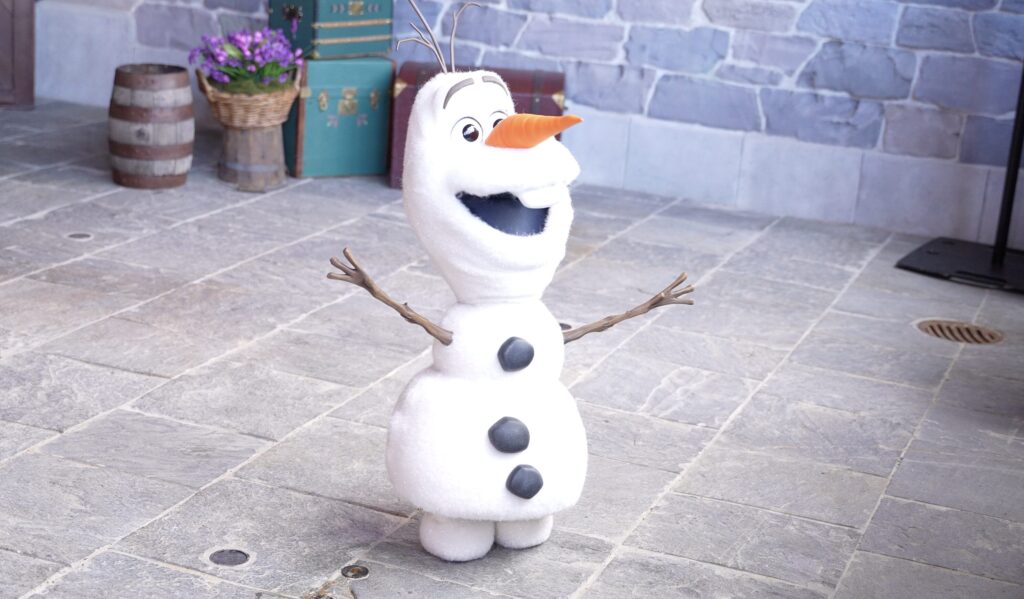 Derrière la barrière, il y a un espace dédié à des rencontres avec les personnages du film. Parfois, il peut y avoir le robot Olaf. Derrière la barrière, il y a un espace dédié à des rencontres avec les personnages du film. Parfois, il peut y avoir le robot Olaf.