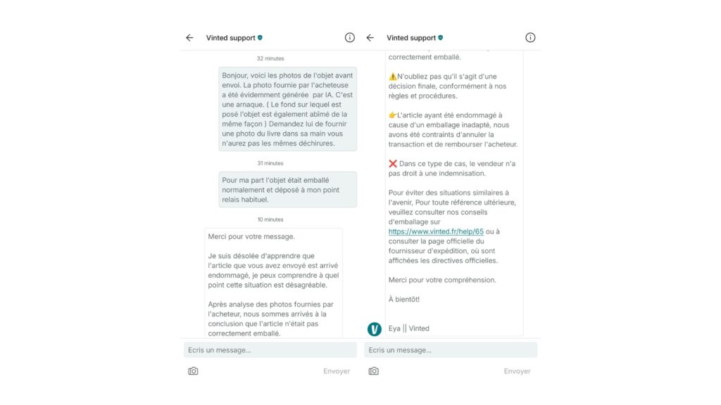 Le retour du support Vinted partage par l'utilsiateur Le retour du support Vinted partage par l'utilsiateur