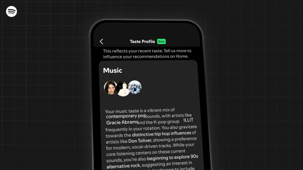 Le Taste Profile prendra la forme d'un résumé de vos goûts musicaux générés par IA. Le Taste Profile prendra la forme d'un résumé de vos goûts musicaux générés par IA.