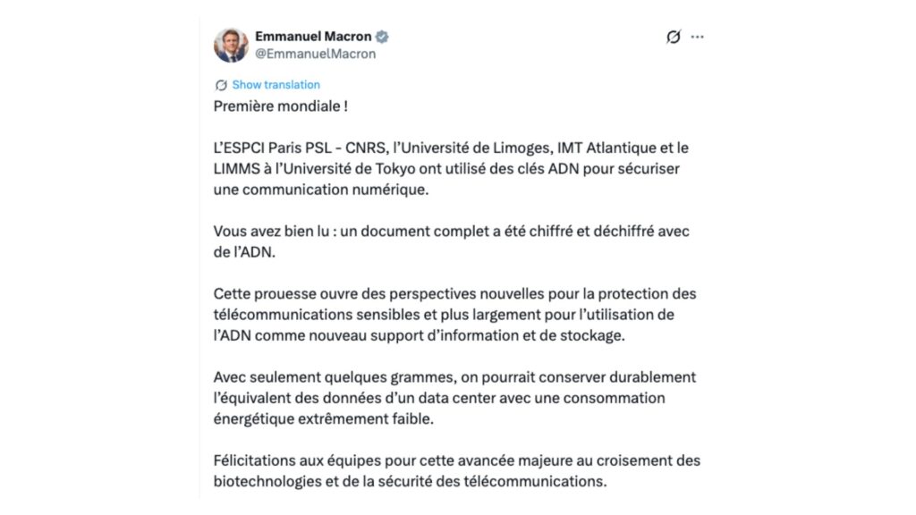 Un document complet a &eacute;t&eacute; chiffr&eacute; et d&eacute;chiffr&eacute; avec de l&rsquo;ADN. // Source : EmmanuelMacron sur X