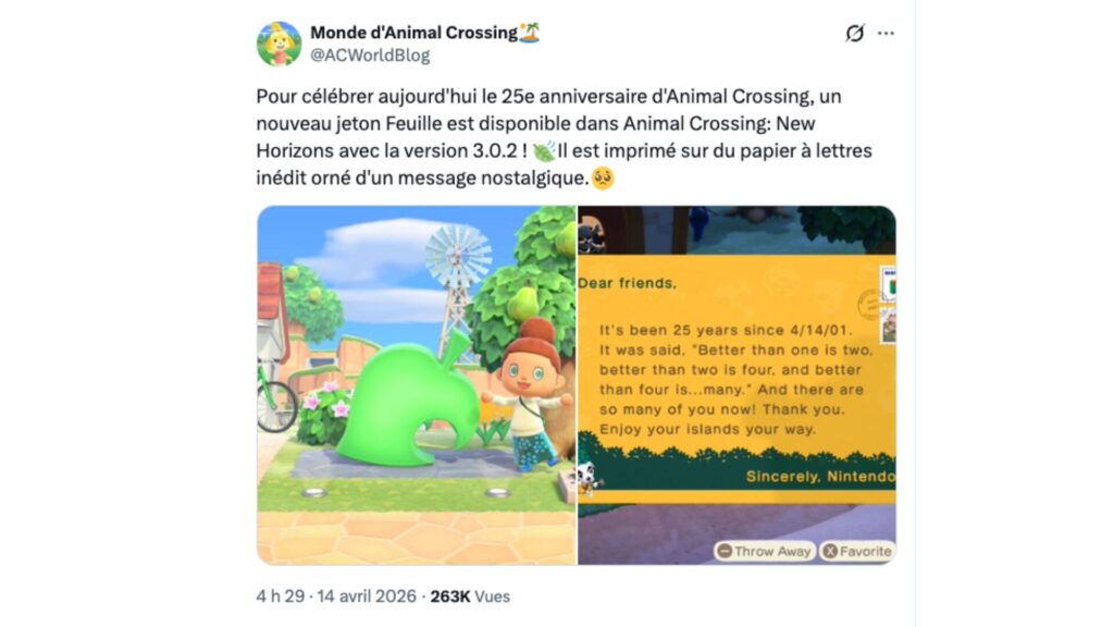 En ce 14 avril 2026, Animal Crossing f&ecirc;te ses 25 ans (tweet traduit). // Source : @ACWorldBlog sur X