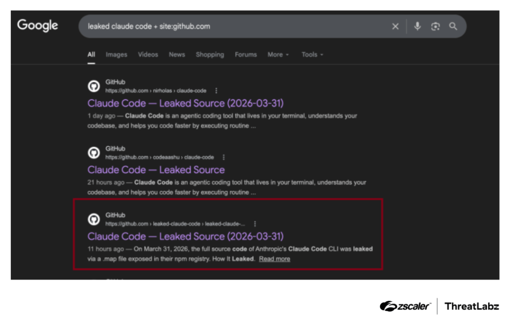 Le troisi&egrave;me r&eacute;sultat Google affichait un d&eacute;p&ocirc;t pi&eacute;g&eacute; // Source : Zscaler