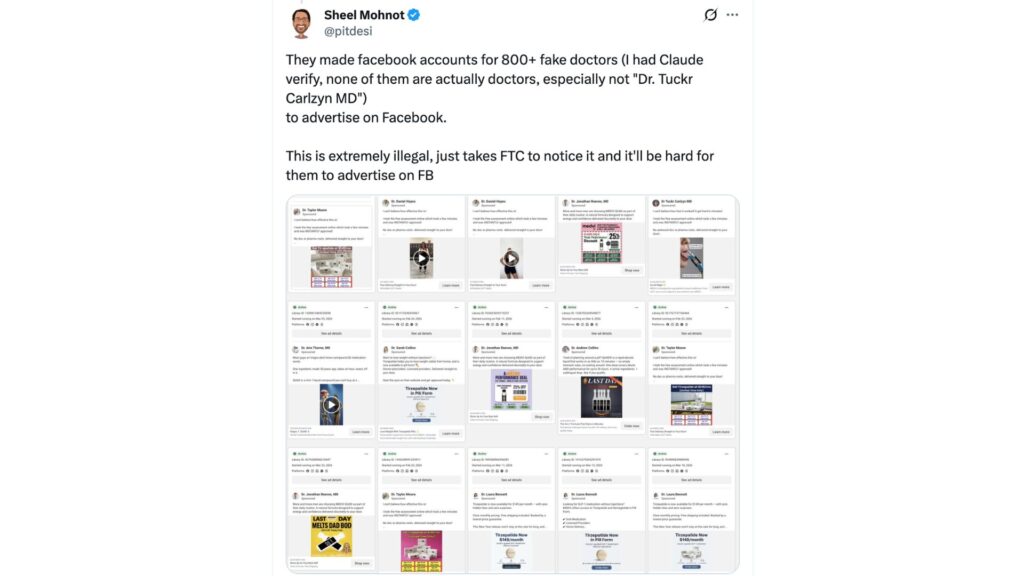 Selon cet utilisateur, Medvi disposerait d'une pub Facebook avec plus de 800 m&eacute;decins. // Source : @pitdesi sur X