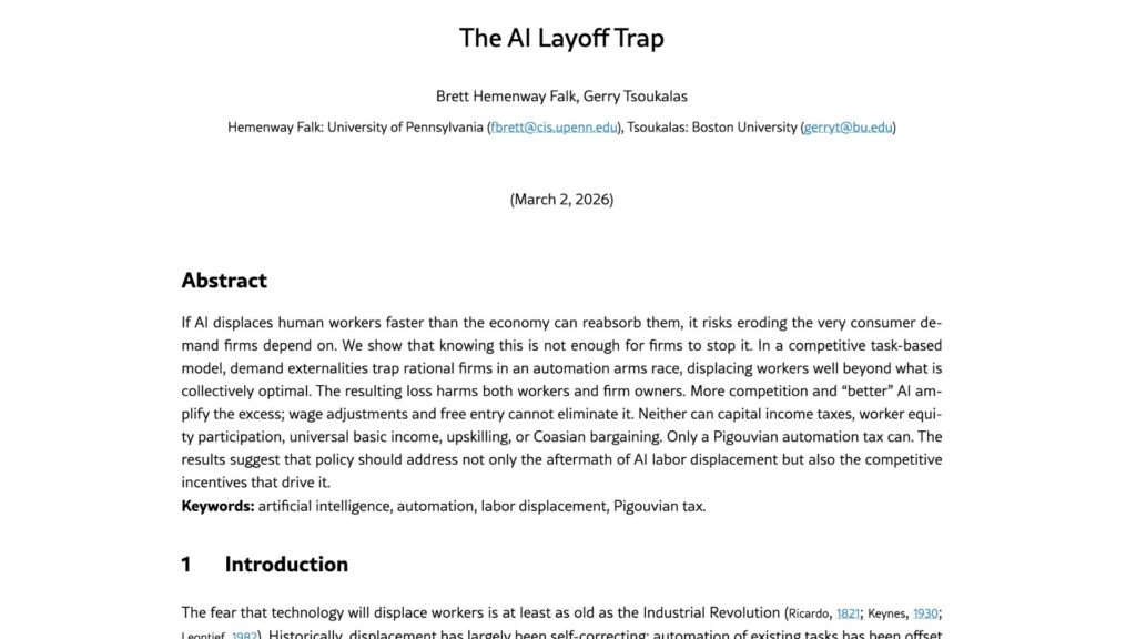 &laquo; The AI Layoff Trap &raquo; (le pi&egrave;ges des licenciements li&eacute;s &agrave; l'IA) // Source : Brett Hemenway Falk, Gerry Tsoukalas via Arxiv