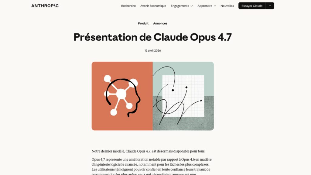 Anthropic a d&eacute;voil&eacute; Claude Opus 4.7 le 16 avril 2026.  // Source : Capture d'&eacute;cran Numerama