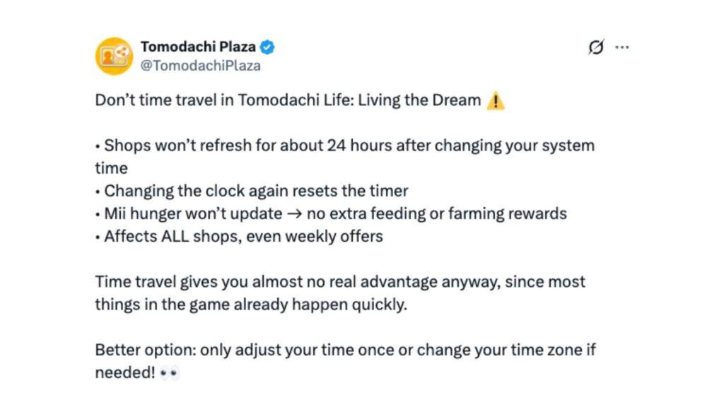Le time-travel ne passe pas sur Tomodachi Life.  // Source : @TomodachiPlaza sur X