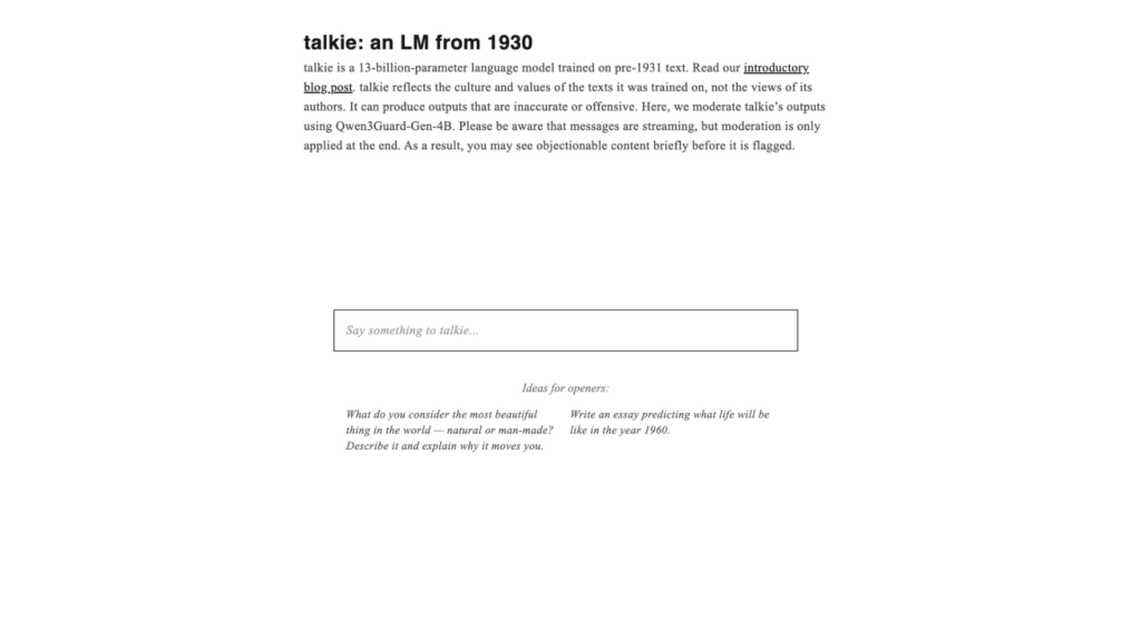 Le mod&egrave;le de langage Talkie. // Source : Capture d'&eacute;cran Numerama