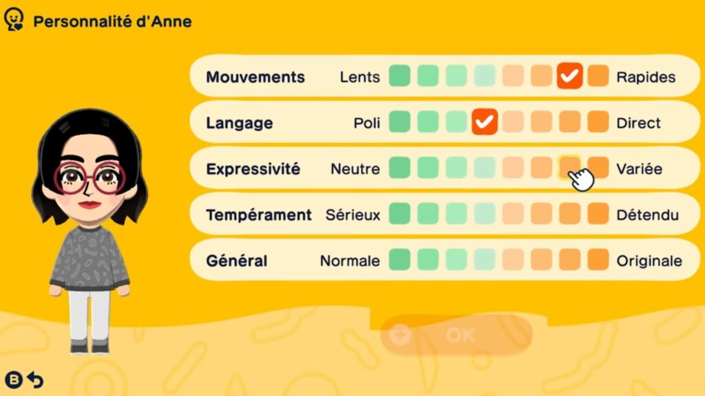 Le choix de la personnalit&eacute; passe par un petit formulaire compos&eacute; de cinq curseurs. // Source : Nintendo