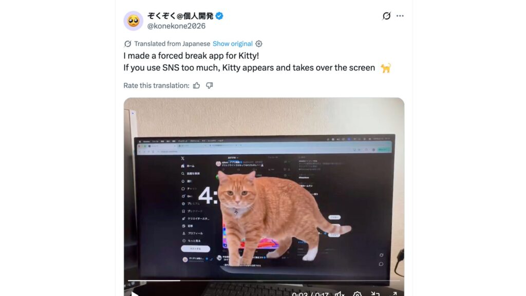 Si vous scrollez trop longtemps, un &eacute;norme chat surgit en plein milieu de votre &eacute;cran. // Source : @konekone2026 sur X