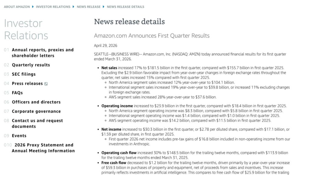 Les r&eacute;sultats du Q1 2026 d'Amazon. // Source : Amazon