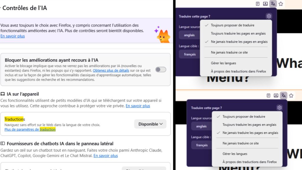 Sur Firefox, la traduction est g&eacute;n&eacute;ralement moins intrusive // Source : Capture d'&eacute;cran Numerama