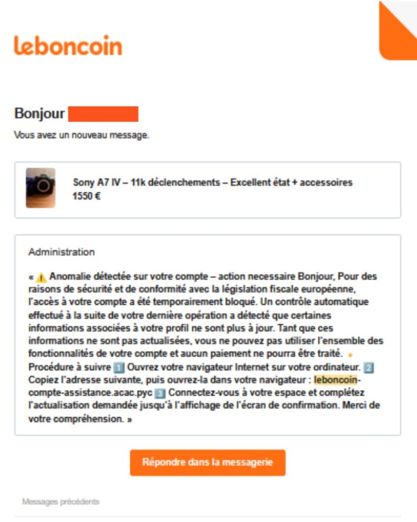 Message re&ccedil;u par Martin J. le 29 novembre 2025, intitul&eacute; &ldquo;Administration&rdquo; // Source : capture d'&eacute;cran