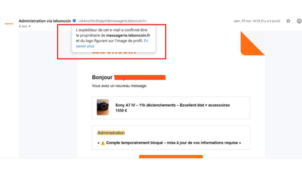 Mail certifi&eacute; provenant de le Bon Coin // Source : capture d'&eacute;cran