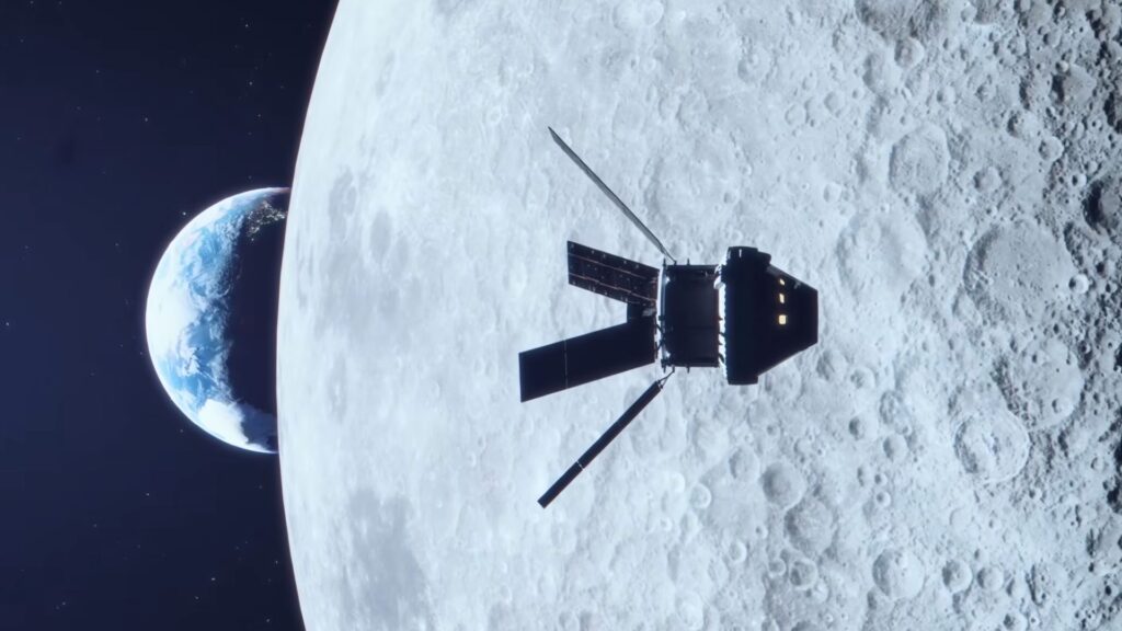 Vue d'artiste de la capsule Orion pendant la mission Art&eacute;mis II. // Source : Capture d'&eacute;cran YouTube Nasa Johnson