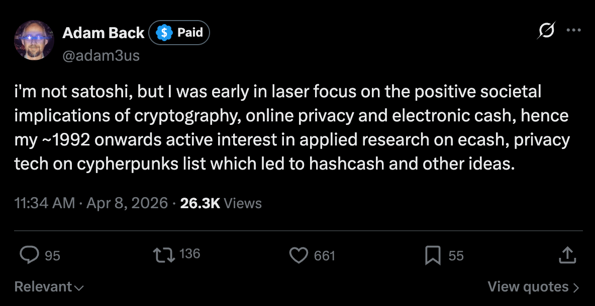 Who is Adam Back, the creator of Bitcoin according to the New York Times?