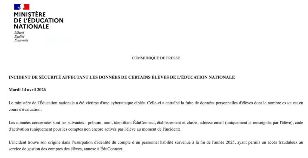 Le ministère a communiqué sur cet incident via un communiqué de presse // Source : Capture d'écran Numerama Le ministère a communiqué sur cet incident via un communiqué de presse // Source : Capture d'écran Numerama