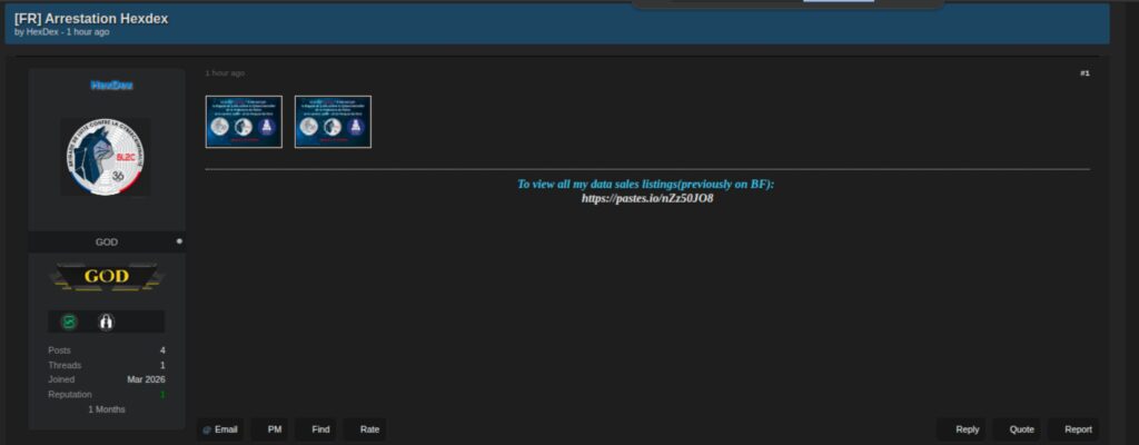 Le profil d'Hexdex arbore d&eacute;sormais la photo de la Brigade, signe de la saisie du compte // Source : Capture d'écran HexDex fournie par Sophos