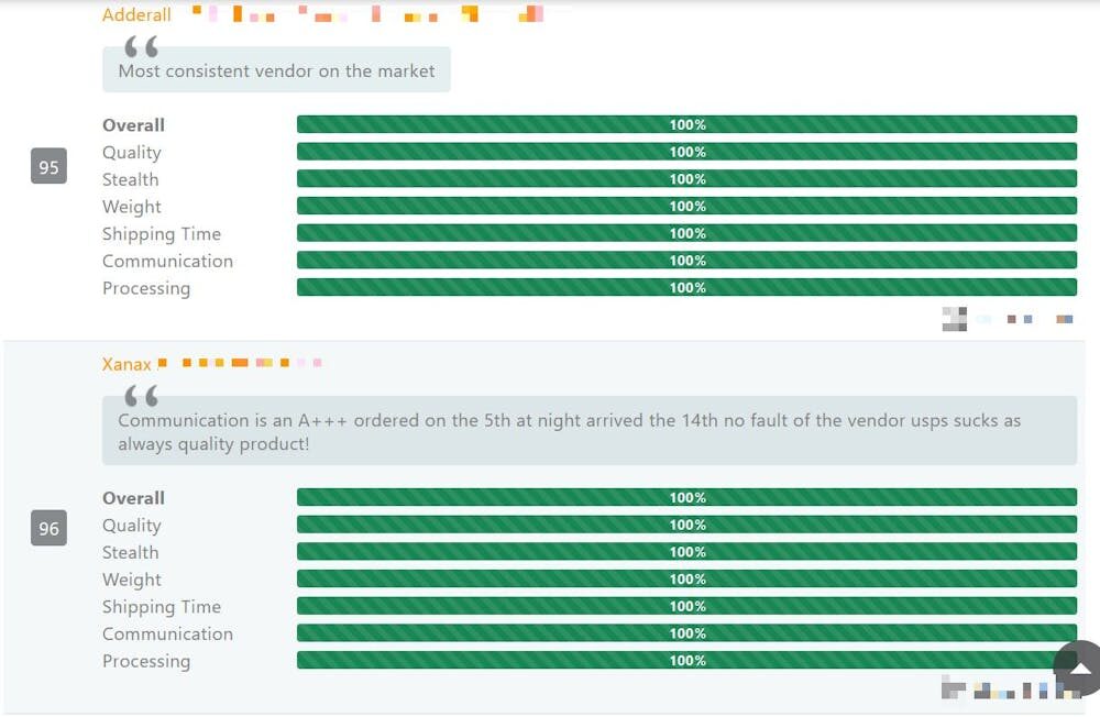 Capture d&rsquo;&eacute;cran montrant des avis laiss&eacute;s par des acheteurs sur un profil de vendeur de drogue du darknet