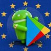 Le logo d'Android et du Google Play Store et le drapeau de l'UE. // Source : Numerama