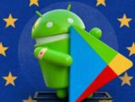 Le logo d'Android et du Google Play Store et le drapeau de l'UE. // Source : Numerama