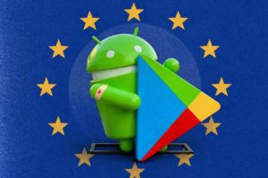 Le logo d'Android et du Google Play Store et le drapeau de l'UE. // Source : Numerama
