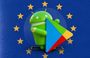 Le logo d'Android et du Google Play Store et le drapeau de l'UE. // Source : Numerama