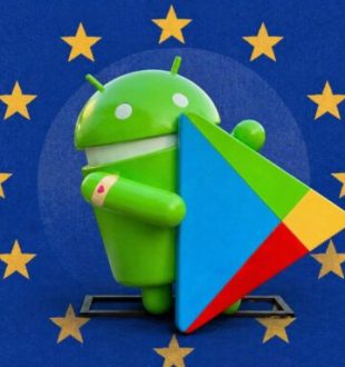 Le logo d'Android et du Google Play Store et le drapeau de l'UE. // Source : Numerama