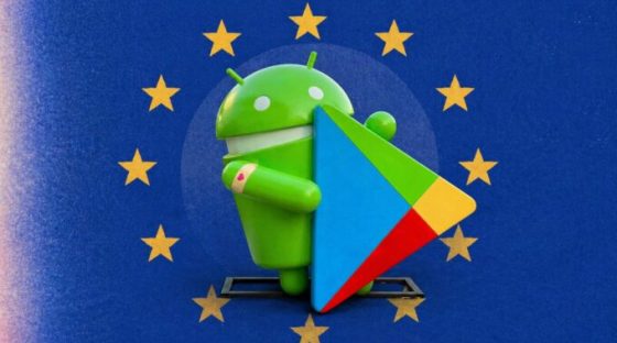 Le logo d'Android et du Google Play Store et le drapeau de l'UE. // Source : Numerama