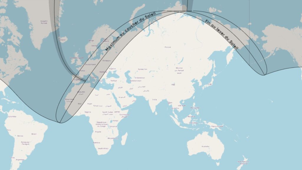 La carte de l'application pour anticiper l'&eacute;clipse du 12 ao&ucirc;t 2026. // Source : Capture d'&eacute;cran &Eacute;clipSEOP